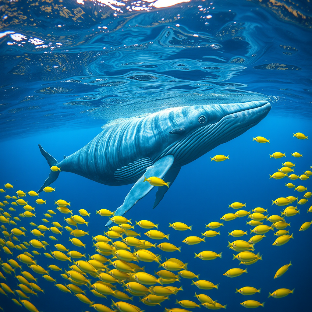 A majestic blue whale swimming gracefully amidst a school of vibrant yellow fish in crystal clear ocean waters, wide-angle lens, f/8 aperture, ISO 200, shot with a full-frame DSLR camera, underwater perspective with illuminated surface reflections.