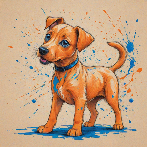 A vibrant childs coloured pencil drawn illustration of a bright orange dog with large, expressive blue eyes, a very cute style. The dog appears to be walking towards the viewer, surrounded by an abstract splash of colors and fine black lines, giving the image a dynamic and artistic flair. The background is a soft beige, highlighting the cat's vivid coloration and playful demeanor. Naively drawn scratchy line style.