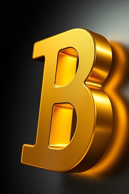 Create a high-resolution image of a three-dimensional gold letter "B" with a glossy finish, illuminated with soft lighting, shot from a slight angle using a DSLR camera with a 50mm lens at f/1.8, ISO 100, and a shallow depth of field to emphasize the texture.