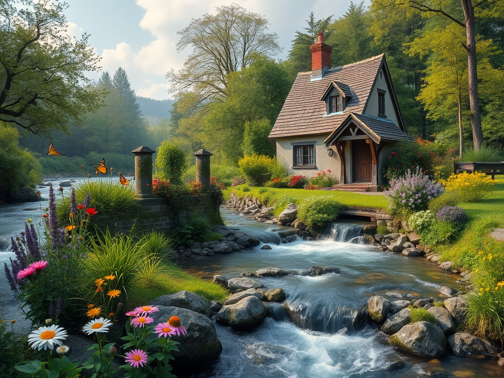 Create a serene landscape featuring a charming cottage by a flowing river with a waterwheel, surrounded by lush greenery, vibrant flowers, and butterflies, using a DSLR camera at f/8 aperture, ISO 200, a shutter speed of 1/250s, with a wide-angle lens for a panoramic view and soft natural lighting to enhance colors and details.