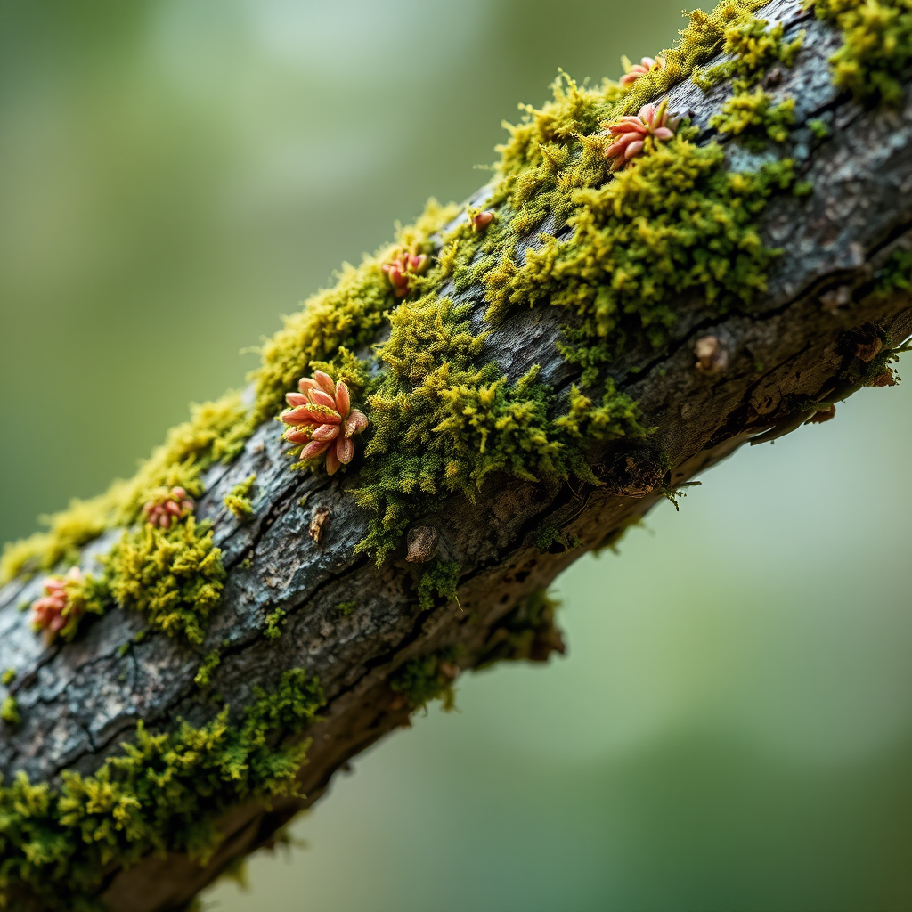 macro shot of a moss-covered tree branch with detailed textures and colors, focus on intricate bark patterns and moss, f-stop 2.8, shutter speed 1/200s, ISO 200, 100mm macro lens, natural soft light, DSLR camera.