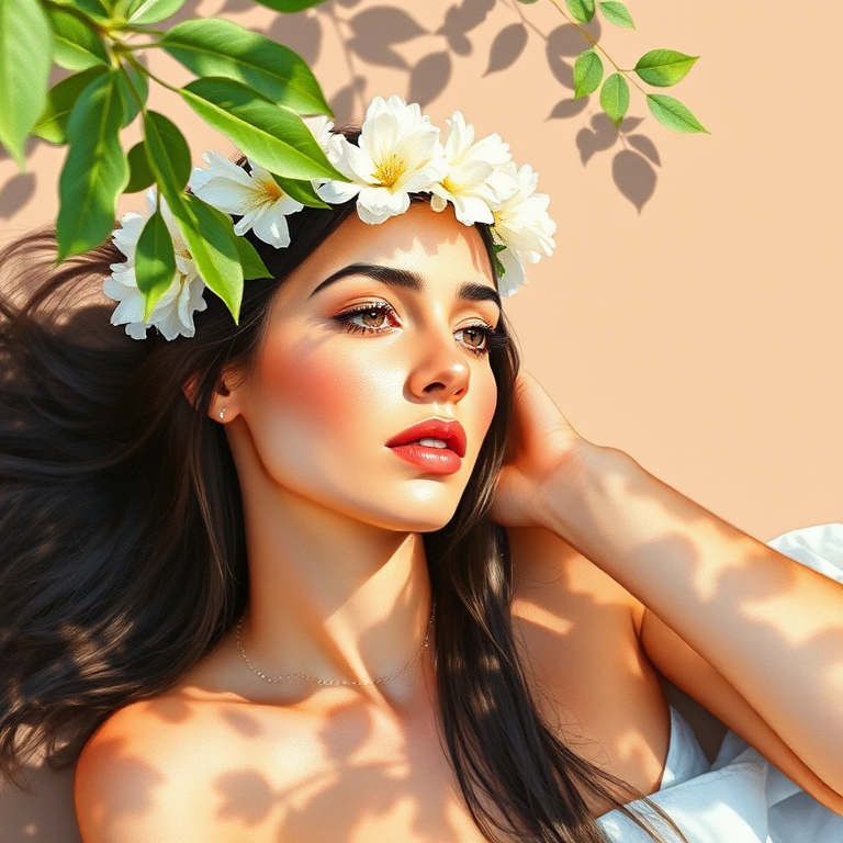 create a watercolor painting of an ethereal portrait of beautiful Sephardic woman with a simple white flower crown on her head. Her hair is long and she is lying on the ground. The sunlight on the trees casts shadows from the leaves on her face and body. The background is a neutral brown color that matches her skin tone. The image is minimalist and solid colors. This style is characterized by soft, delicate brushstrokes and a light, airy, contrasting color palette. High level of detail and play of light