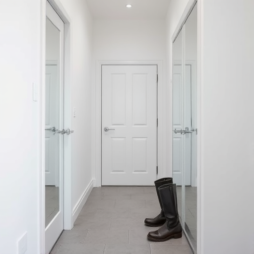 interior hallway with white walls, mirrored closet doors, grey tiles, boots by the door, natural light, wide-angle lens, aperture f/8, ISO 100, shutter speed 1/60s, DSLR camera, high resolution, soft focus background
