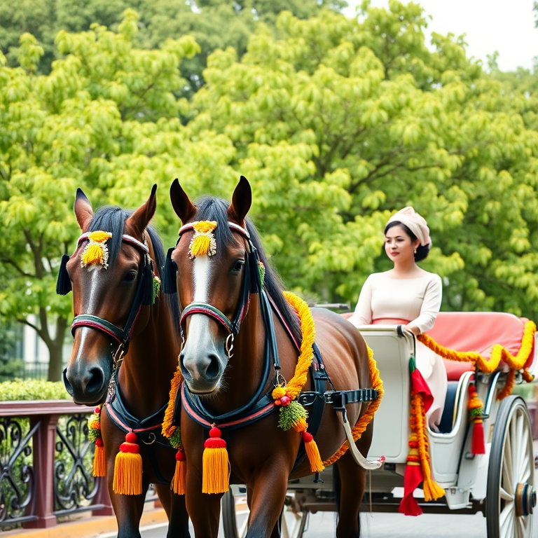 Regenerate a high-resolution image of a decorated horse-drawn carriage with two horses adorned in vibrant tassels, a woman in elegant attire seated on the carriage, lush green trees in the background, taken with a DSLR camera, 50mm lens, aperture f/1.8, ISO 100, natural lighting, portrait orientation.