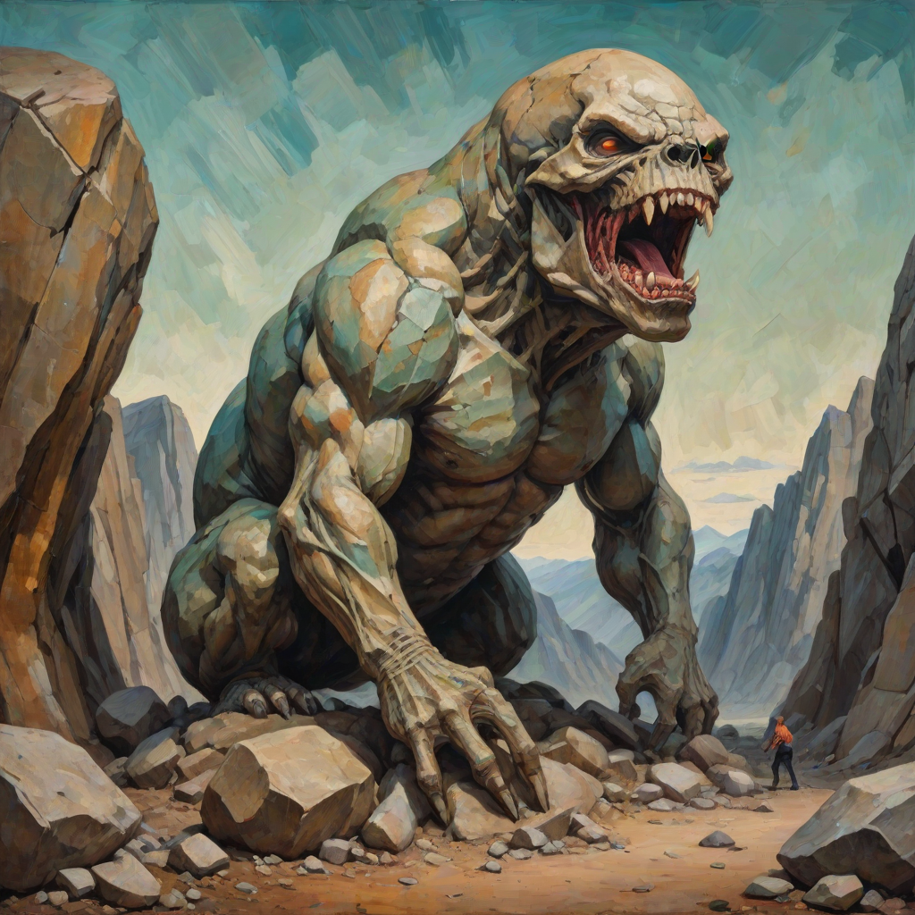 A detailed and anatomically presented mr stone-eater stands and bites into a huge boulder. surreal abstract art, grunge oil colors on canvas, textured background