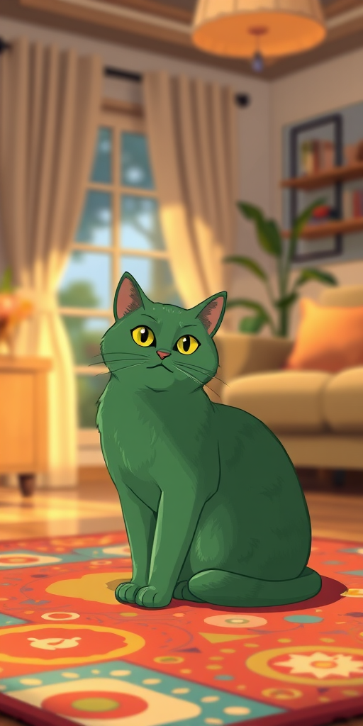 Create an illustrated image of a green cat sitting on a colorful rug in a cozy living room with warm lighting, capturing the scene with a Canon EOS R5 at f/2.8, ISO 100, with a 50mm lens in portrait mode for enhanced depth of field.