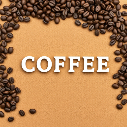 Create an overhead flat lay image of a textured background with coffee beans scattered evenly, with the word "COFFEE" prominently displayed in bold letters, shot with a 50mm lens at f/2.8, ISO 100, with natural soft lighting to enhance the details and colors.