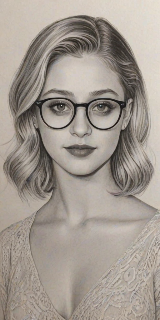 Enchanting Lili Reinhart, pencil sketch, portrait of Fascinating woman 1923s in glasses, hair style beatnik, outline, clear lines, fine lines, 8k