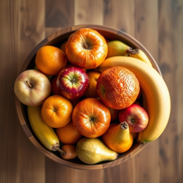 Generate a high-resolution image of a wooden bowl filled with assorted fruits including apples, oranges, bananas, and pears, shot with a Canon EOS 5D Mark IV at f/4.0, ISO 200, 1/60s, with a shallow depth of field from a top-down view, using natural light for a soft, vibrant appearance.