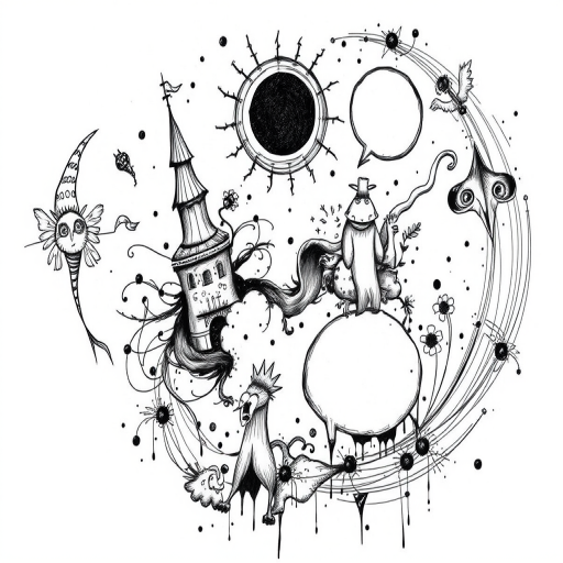 Sketch-style tattoo called "Artistic Reverie" resembling a loose, hand-drawn illustration with expressive line work and crosshatching, incorporating elements of surrealism and whimsical imagery in black and gray tones