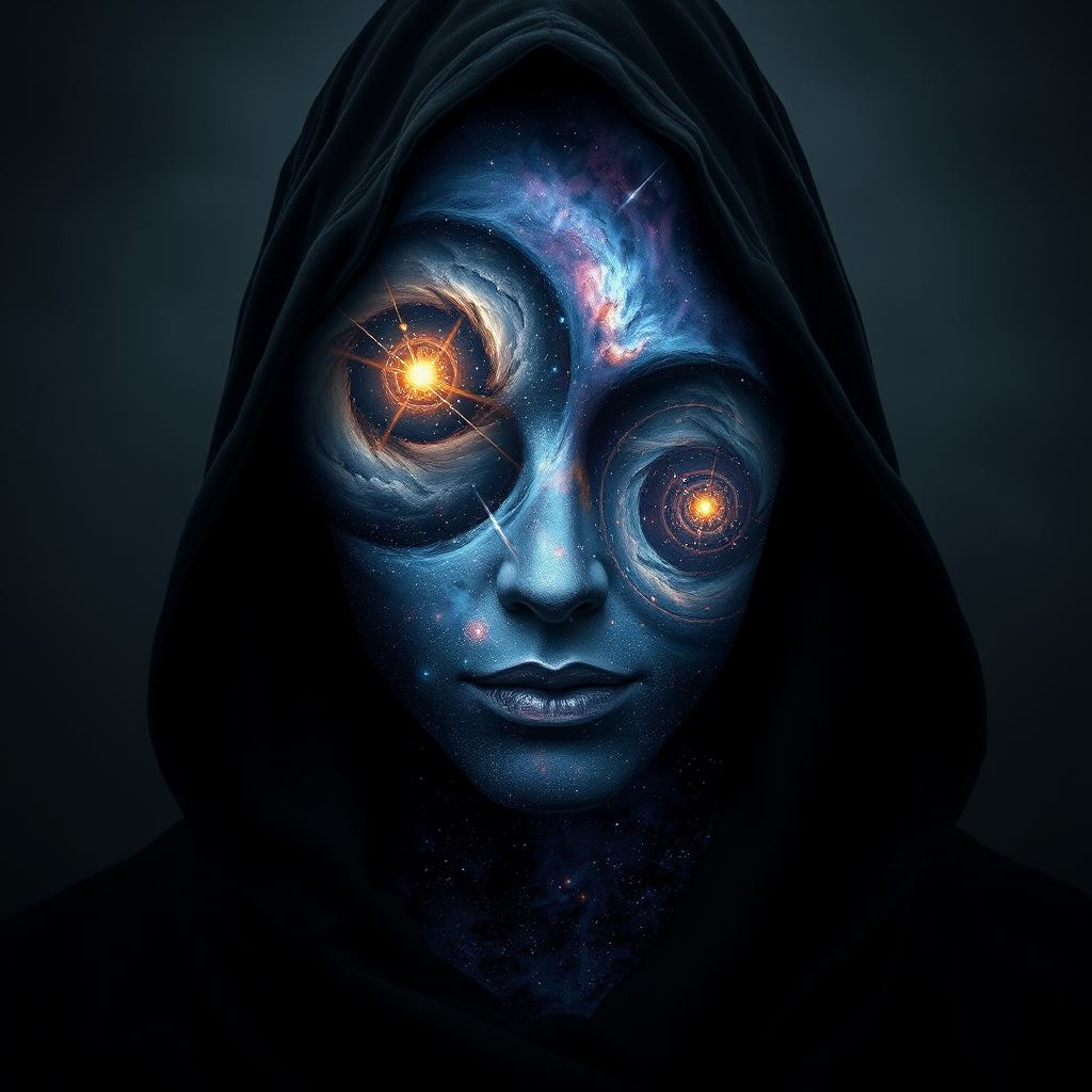 A mysterious hooded figure stands silently, the dark cloak flowing around them like shadows. Beneath the hood, their face is a mesmerizing cosmic scene where swirling galaxies, radiant stars, and vibrant planets form the features. Nebulas drift where eyes should be, glowing softly, while delicate streaks of cosmic energy trace the outlines of a nose and lips. Comets streak across the vastness of their face, and faint constellations pulse with life. The entire visage shifts and evolves as if the universe itself is contained within the figure, giving an ethereal, otherworldly presence to their form.