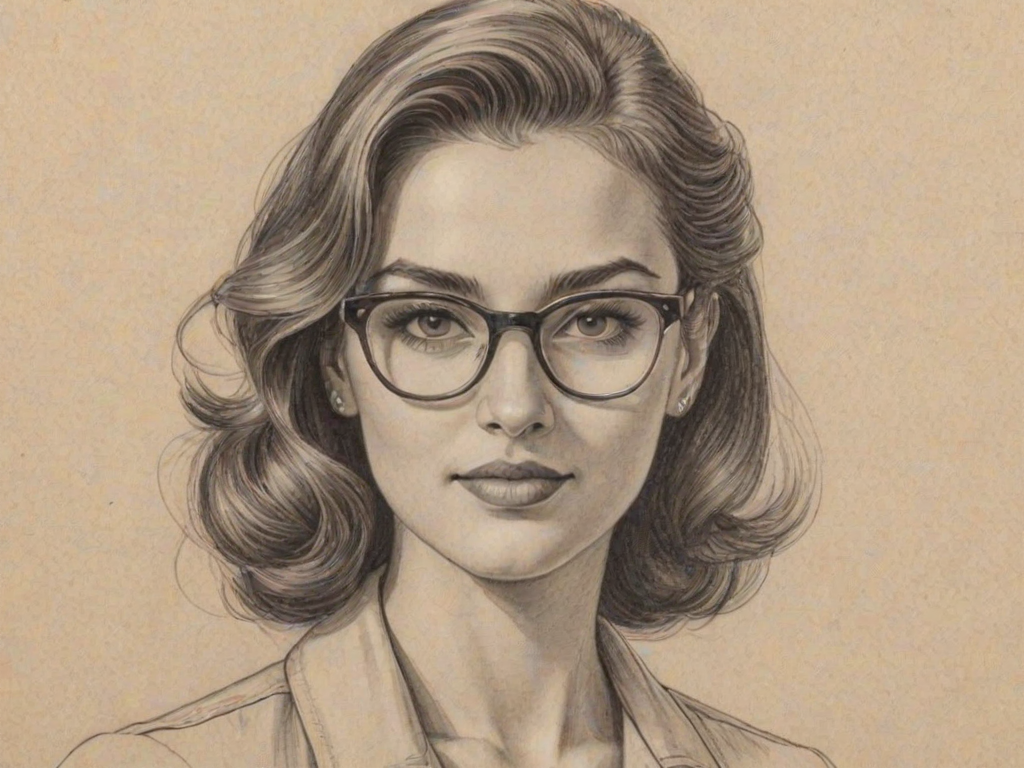 Superb Daya, pencil sketch, portrait of Ravishing woman 1945s in glasses, hair style beatnik, outline, clear lines, fine lines, 8k