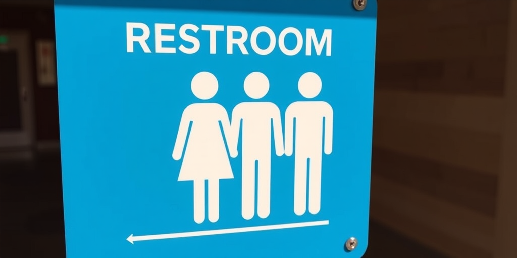 Create an illustrated sign featuring three simplistic figures representing gendered restrooms, with a bold blue background and light gray figures, shot with a DSLR camera at f/4 aperture, 50mm lens, natural light, and a wide-angle view to enhance clarity and depth.