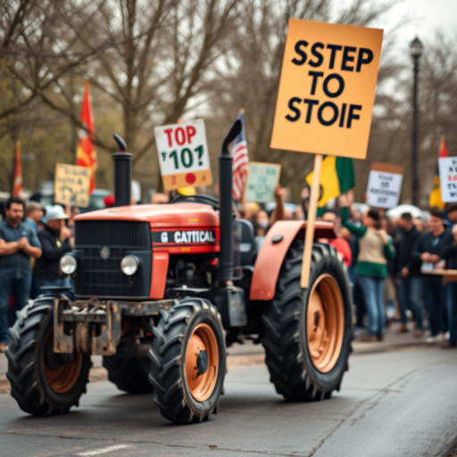 Create an image of a tractor in a protest setting, capturing a clear view of the tractor and its sign, shot with a DSLR camera at f/8 aperture, 1/250 sec shutter speed, ISO 100, and a focal length of 50mm, with a slight depth of field to focus on the tractor while softly blurring the background.