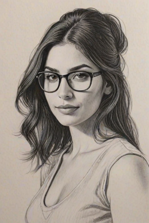 Sublime Lela Loren, pencil sketch, portrait of Radiant woman 1971s in glasses, hair style beatnik, outline, clear lines, fine lines, 8k