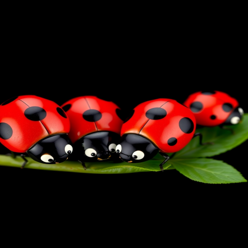 Create a high-resolution image of four cartoon ladybugs with black backgrounds, using a Canon EOS R5 with a 50mm f/1.8 lens, shoot at ISO 100, aperture f/2.8, and a soft focus to enhance the vibrancy of colors and detail.