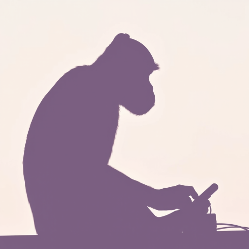 Create a minimalist silhouette of a monkey listening to music with headphones, sitting with a device, in soft pastel colors, using a Canon EOS R5 with a 50mm f/1.8 lens, aperture f/2.8, ISO 100, and natural lighting for a clear and serene background.