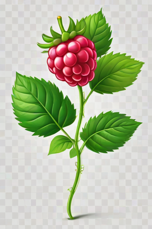 create a colorful cartoon illustration of a raspberry with a green stem and leaves on a transparent background