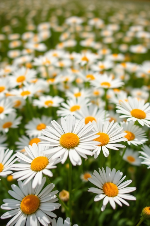 a close-up of a vibrant field of white daisies with yellow centers under bright sunlight, aperture f/2.8, shutter speed 1/500s, ISO 200, shot with a DSLR camera, using a 50mm lens for sharp focus and depth of field effect