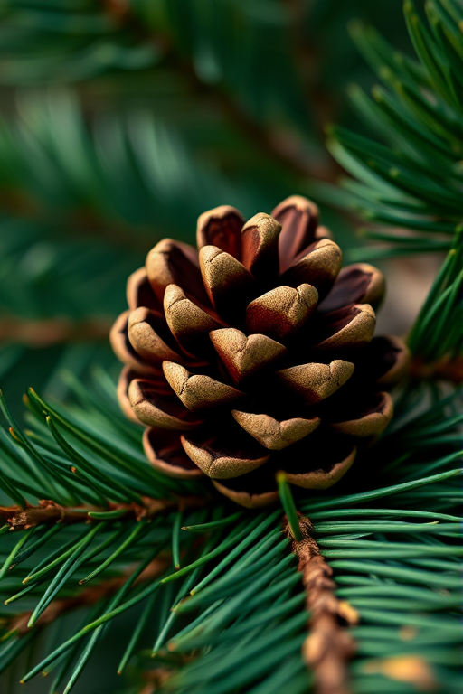 Capture a close-up of a pine cone nestled among green pine needles, using a DSLR camera, aperture f/2.8, shutter speed 1/200 sec, ISO 100, natural light, shallow depth of field for a blurred background.