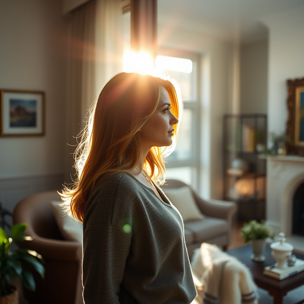 Soft-focus image of a woman in her 30s, standing by a window in a beautifully decorated living room, gazing outside, sunlight creating a halo effect around her hair.