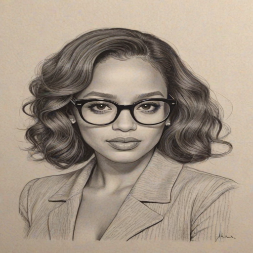 Radiant Dascha Polanco, pencil sketch, portrait of Fascinating woman 1972s in glasses, hair style beatnik, outline, clear lines, fine lines, 8k