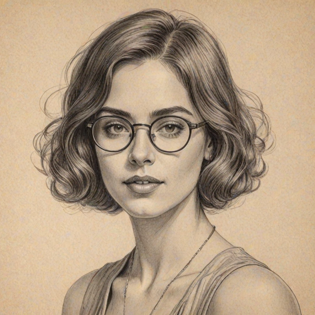 Enticing Lorenza Izzo, pencil sketch, portrait of Splendid woman 1927s in glasses, hair style beatnik, outline, clear lines, fine lines, 8k