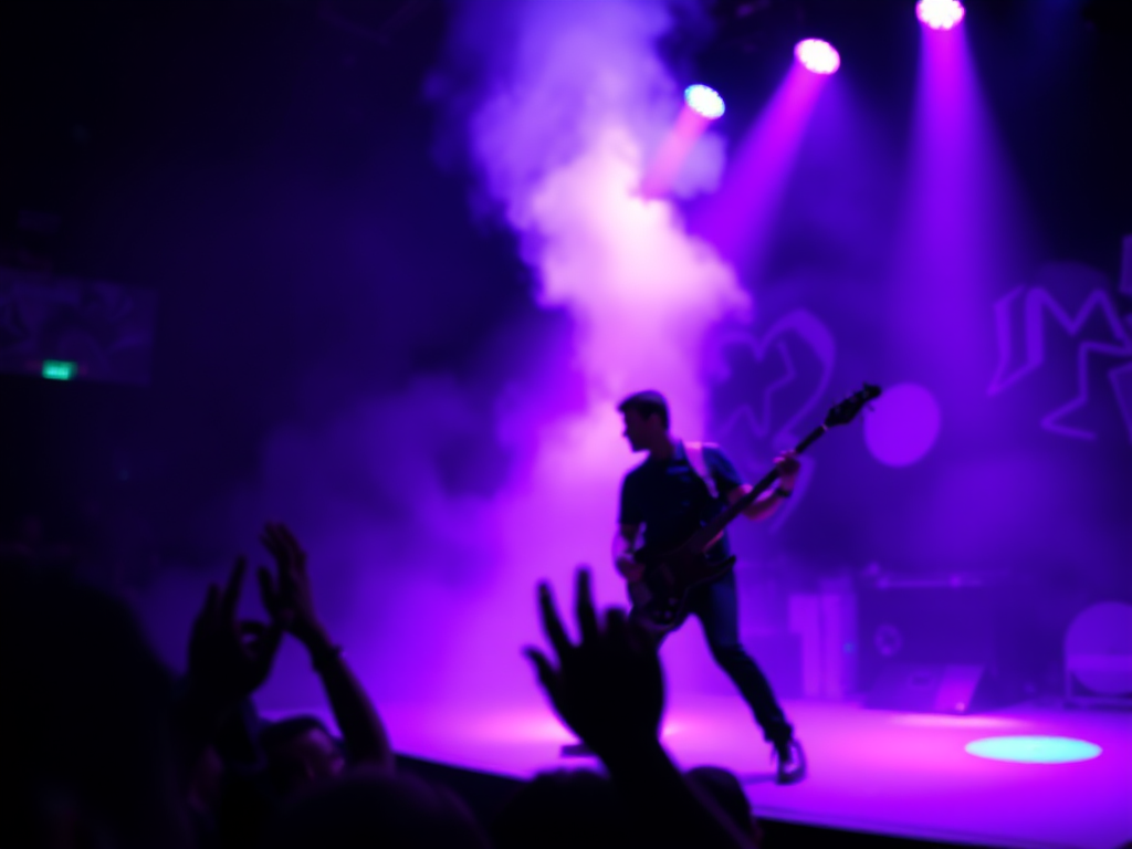 Blurry action shot of a guitarist mid-performance on a smoky stage, neon-colored lights flashing in the background, with faint silhouettes of an excited crowd raising their hands.