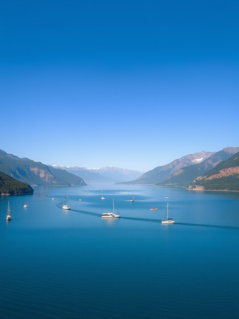 High-resolution image of a serene lake with boats, surrounded by mountains under a clear blue sky, shot with a Canon EOS 5D Mark IV at f/11 aperture, ISO 100, 24mm lens, in landscape orientation.