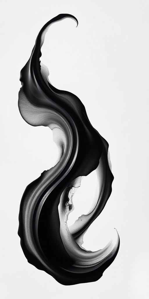 create an abstract black shape on a white background with intricate details and smooth gradients, using a DSLR camera with a 50mm lens at f/1.8, ISO 100, and a shallow depth of field for enhanced focus and clarity, shot from a top-down angle in natural light.