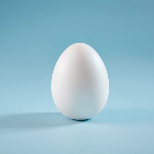 Create a high-resolution illustration of a single white egg on a soft blue background, using a Canon EOS R5 camera, 50mm lens, f/1.8 aperture, ISO 100, natural lighting, with a slight shadow for depth and realism.