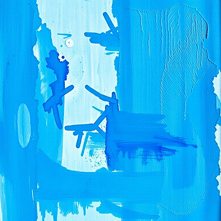 Create an abstract blue textured painting on a canvas with a high-resolution DSLR camera, 50mm lens, aperture f/2.8, ISO 100, natural lighting from the side, capturing vivid details and brush strokes.