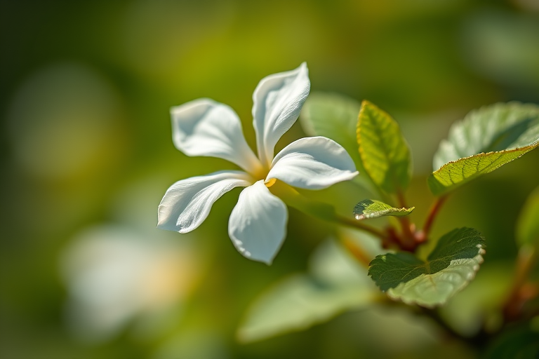macro shot of a white flower and green leaves, soft focus background, f/8 aperture, ISO 100, 50mm lens, natural lighting, DSLR camera