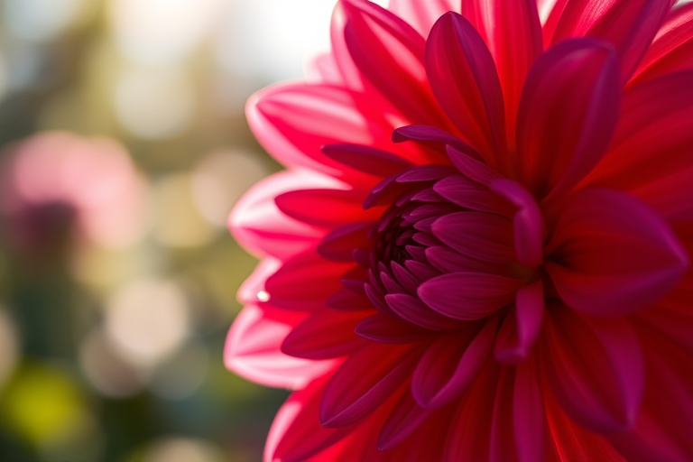 Close-up of a dahlia flower in soft sunlight, f/2.8, 1/100s, ISO 100, macro lens, shallow depth of field, natural background bokeh.