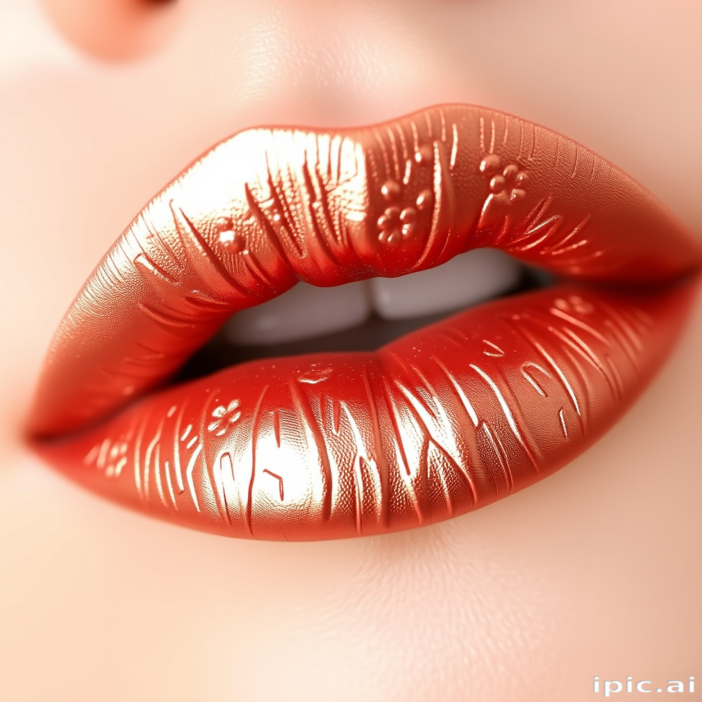 Metallic rose gold lips with a foiled texture, named "Gilded Petals," featuring delicate floral imprints and a subtle metallic sheen for an elegant and eye-catching appearance
