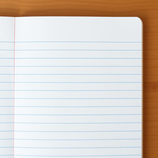 Create a clean, blank lined notebook page with soft texture, using a DSLR camera, ISO 100, f/8 aperture, 50mm lens, with a top-down view in natural lighting to enhance details and colors.