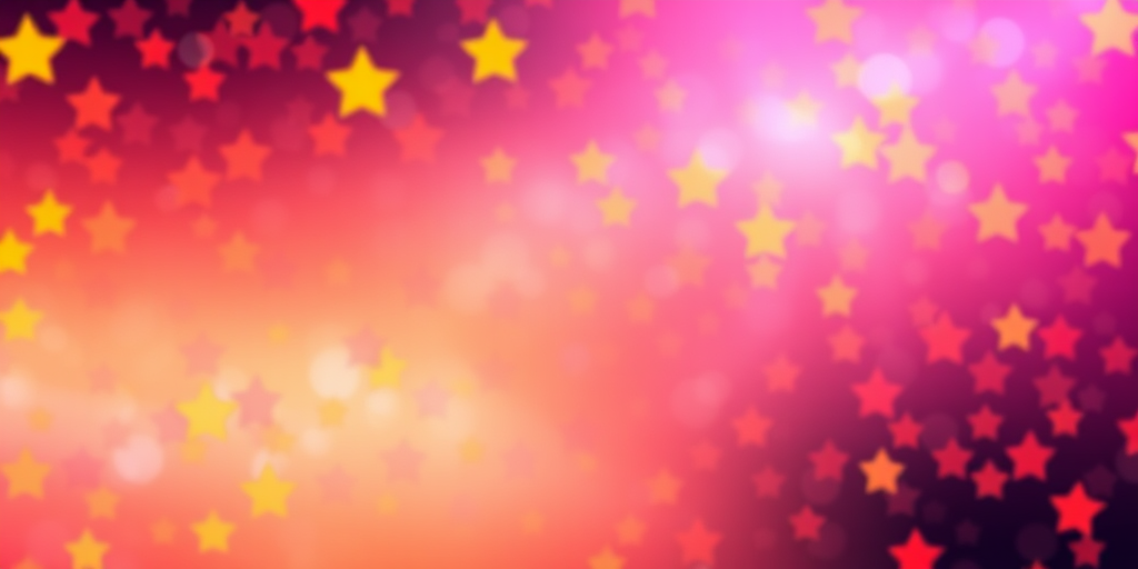 Create a vibrant digital illustration of colorful stars in a gradient of pink, yellow, and orange, using a DSLR camera type with a 50mm lens, aperture set to f/2.8 for a shallow depth of field, and a focus on enhancing the saturation and contrast for a striking visual effect, capturing the scene in a panoramic view.