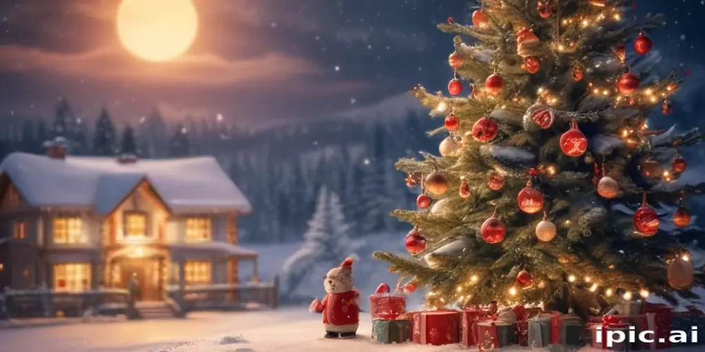 A Cozy Winter Night Scene Featuring a Christmas Tree and Snowy Cabin.