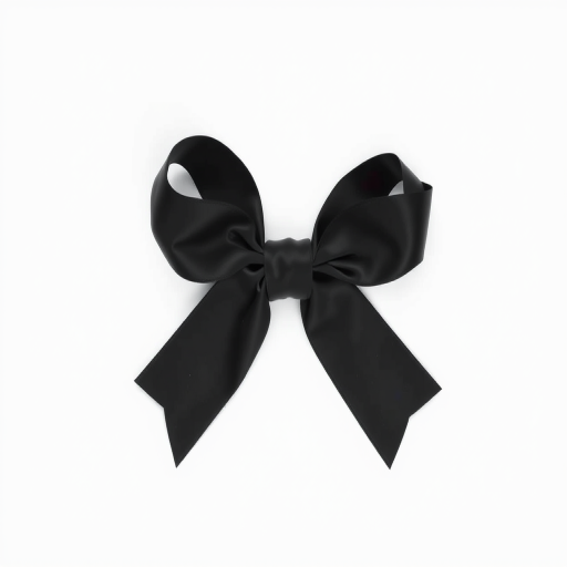 Create a high-resolution image of a black ribbon on a plain white background, using a DSLR camera with a 50mm lens set to f/2.8, ISO 100, and a shutter speed of 1/200 sec, captured from a straight-on view to emphasize its shape and depth, ensuring soft lighting for smooth shadows and highlights.