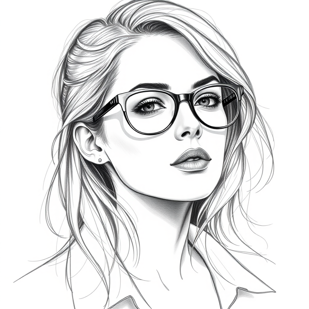 Beautiful Kristen Stewart, pencil sketch, portrait of beautiful woman 60s in glasses, hair style beatnik, outline, clear lines, fine lines, 8k