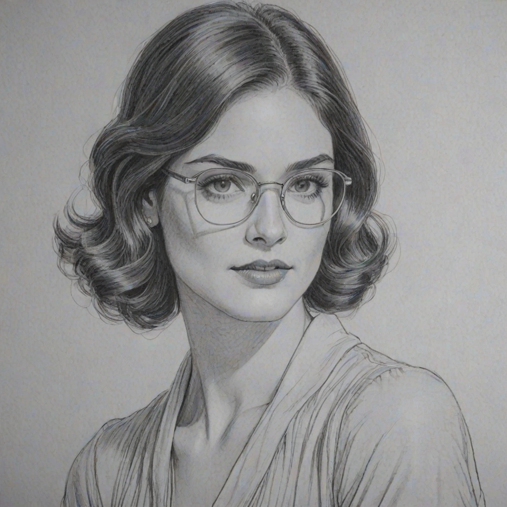 Radiant Janet Montgomery, pencil sketch, portrait of Magnificent woman 1928s in glasses, hair style beatnik, outline, clear lines, fine lines, 8k