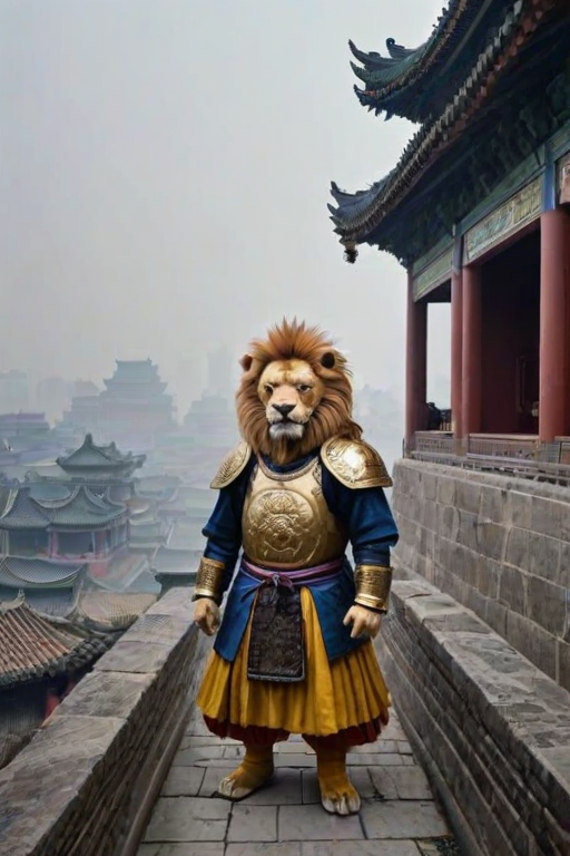 This is a surrealistic realistic photography with a Chinese style characterized by Confucianism and Taoism elegance. A realistic photograph features an anthropomorphic lion dressed in traditional Chinese Ming Dynasty armor, standing atop an ancient city wall, its majestic gaze piercing through the mist of history ,animanflux