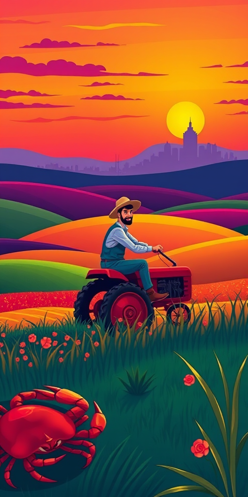Create an illustration of a farmer sitting on a plow in a colorful, stylized landscape during sunset, with a distant city skyline, a sun in the corner, and a crab in the foreground, using a vibrant color palette and smooth lines; camera settings: f/8, ISO 100, 1/60s, camera view: wide-angle, camera style: cartoonish, camera type: digital illustration.