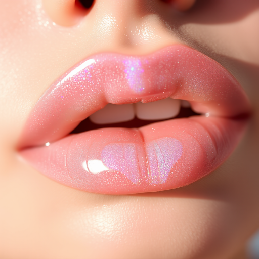 Sheer glossy lips in "Crystal Dew" style, featuring a clear base with iridescent pearl pigments that catch the light, creating a ethereal and dewy appearance