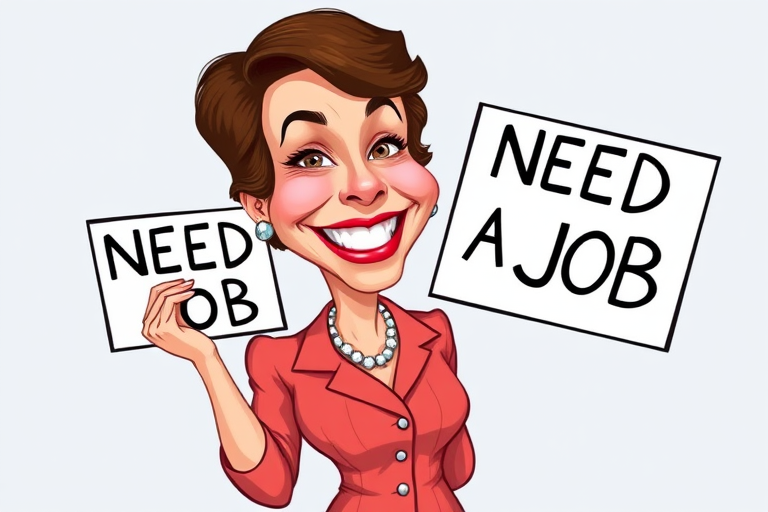 caricature of a smiling Katharine Hepburn in a Salmon dress or suit, holding up a sign that says "NEED A JOB", no watermark,