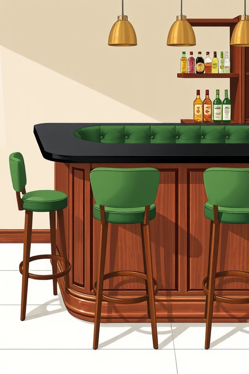 Create a high-resolution illustration of a modern bar counter with a dark wood frame, green tufted upholstery, and a sleek black countertop, using a wide-angle lens for a clear view, set at f/8 aperture, ISO 100, and natural lighting to enhance details and textures.