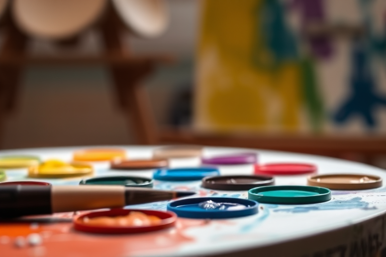 Close-up of an artist’s palette, soft natural light illuminating the vibrant colors of mixed paints, with paintbrushes resting nearby and a canvas softly blurred in the background.