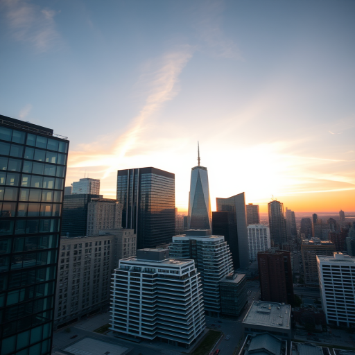 high-angle view of a modern city skyline at sunset, focus on contemporary architecture, softly blurred background, ISO 100, f/8, 1/125 sec, landscape orientation, DSLR camera, wide-angle lens