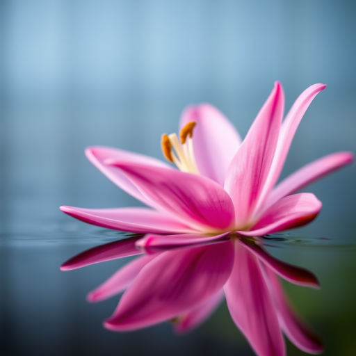 close-up of a pink lily flower with reflection in water, soft focus background, natural lighting, f/2.8 aperture, 50mm lens, ISO 100, DSLR camera, macro view