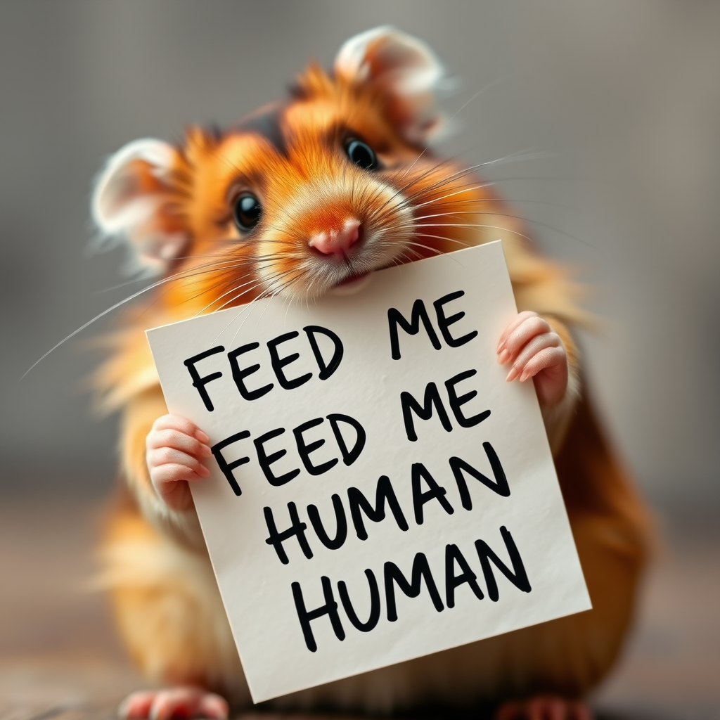 hamster holding a note which says "FEED ME HUMAN"